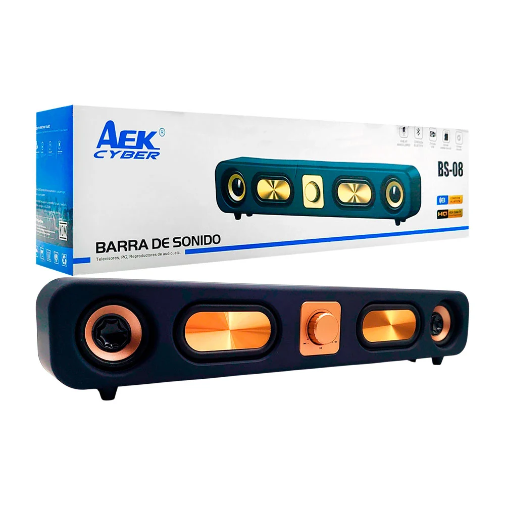 Barra de sonido bt, diseño mate, detalles dorados, botón central, usb…