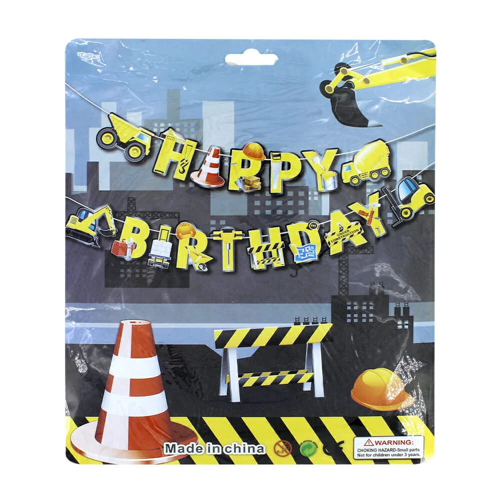 Banner - Banderín happy birthday con temática y decoración de constru…