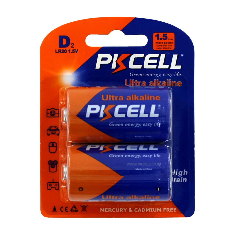 Blister con dos baterías alcalinas pkcell, 1.5v, lr20 / dc51