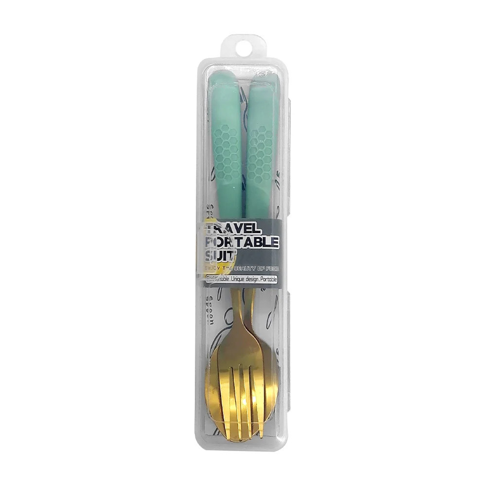 Estuche transparente con cuchara y tenedor metálico, variedad de colo…
