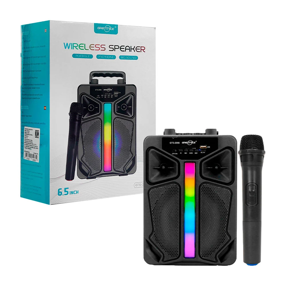 Bocina inalámbrica 6.5in con asa, iluminación rgb y micrófono, multif…