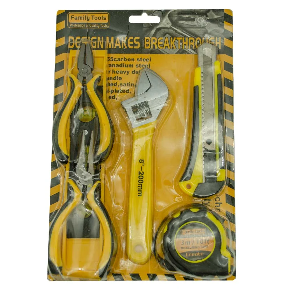 Juego con 2 pinzas de corte, llave perica, cutter, flexómetro de 3 me…