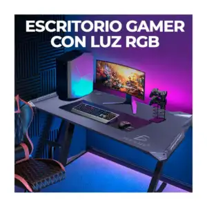 Escritorio rectangular gamer con luz led rgb y diseño tipo fibra de c…