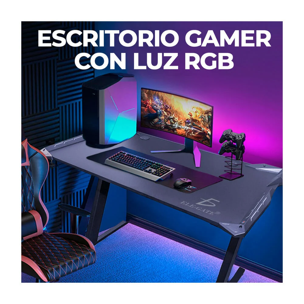 Escritorio rectangular gamer con luz led rgb y diseño tipo fibra de c…