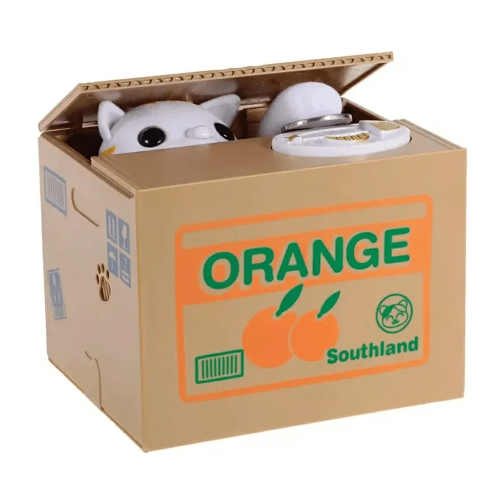 Alcancía pequeña en forma de caja con gatito mecánico tragamonedas, v…