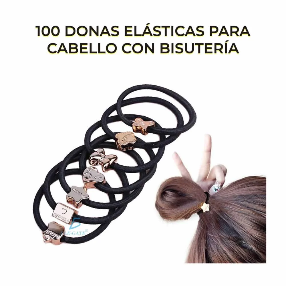 Paquete 100 donas elásticas para el cabello con bisutería lica.01.4