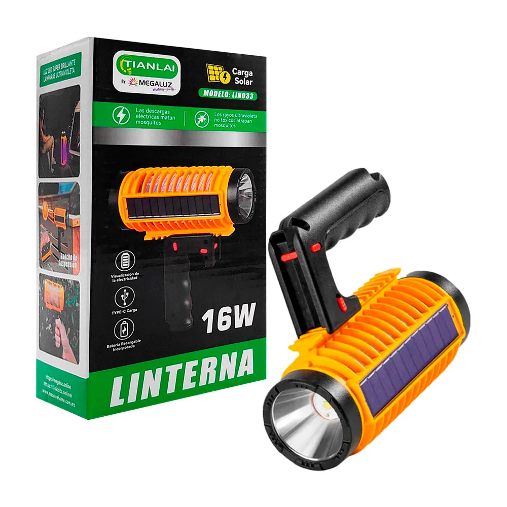 Linterna 16w recargable, luz led 3 modos, luz uv antimosquitos y pane…