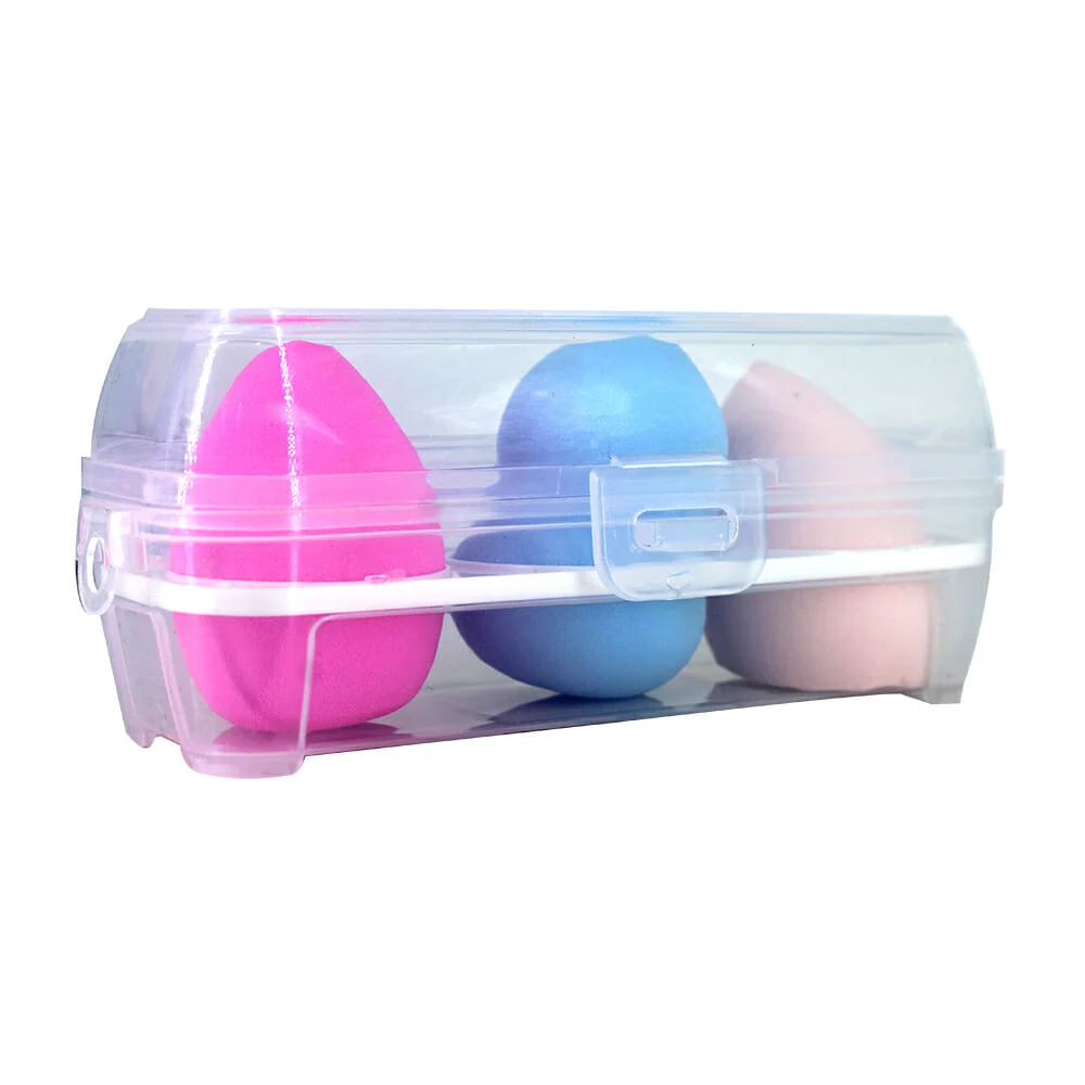 Estuche pequeño con 3 esponjas aplicadoras de maquillaje, variedad de colores y formas / s203