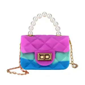 Mini bolsa multicolor de mano con asa de perlas y cadena, variedad de…