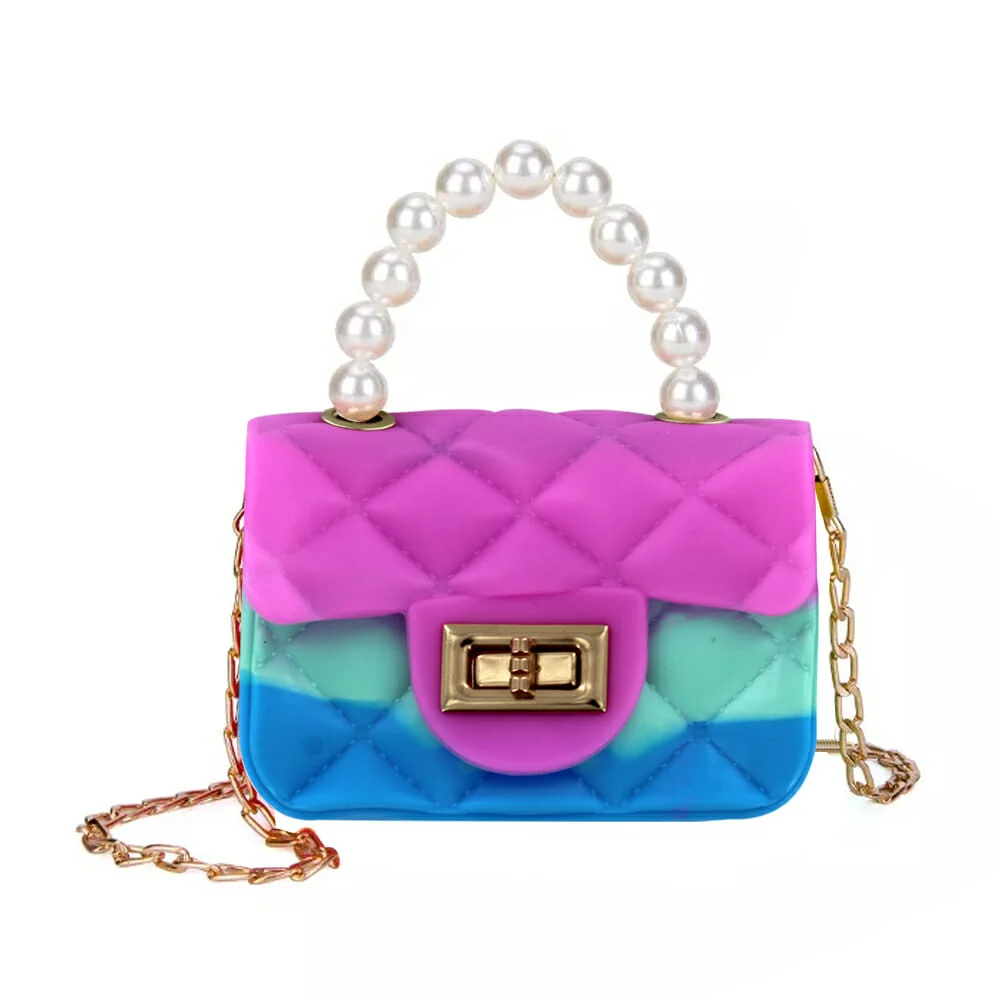 Mini bolsa multicolor de mano con asa de perlas y cadena, variedad de…
