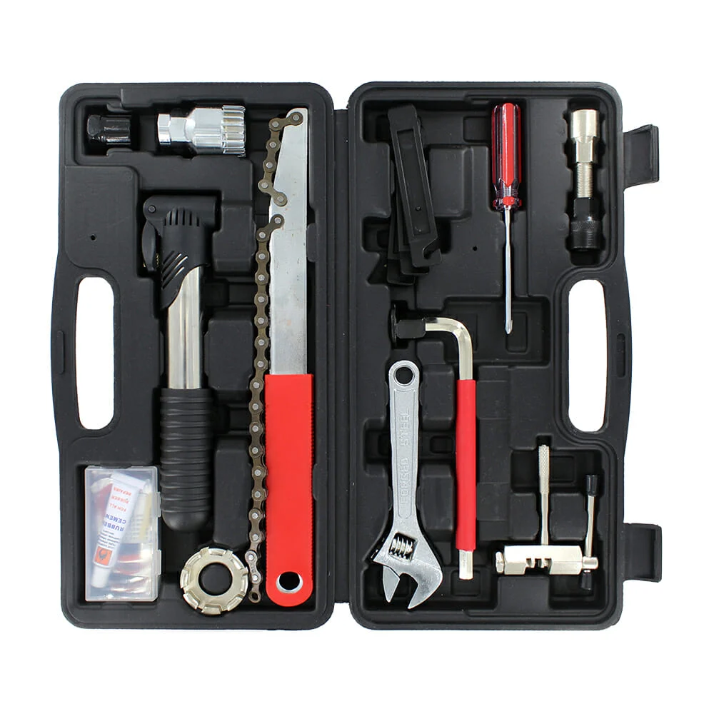 Estuche con bomba manual para inflar, llave cuchillo con cadena, estu…