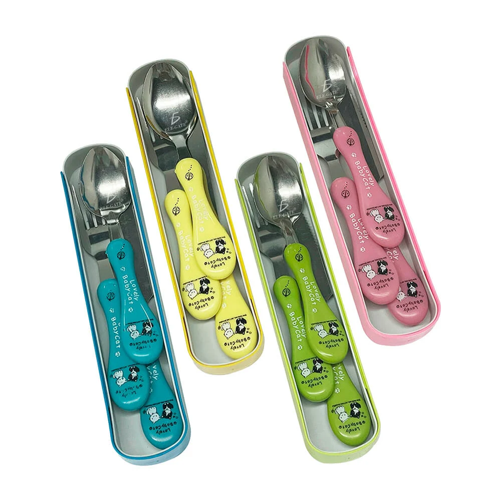Estuche metálico ele-gate con cuchara, tenedor y cuchillo infantil co…