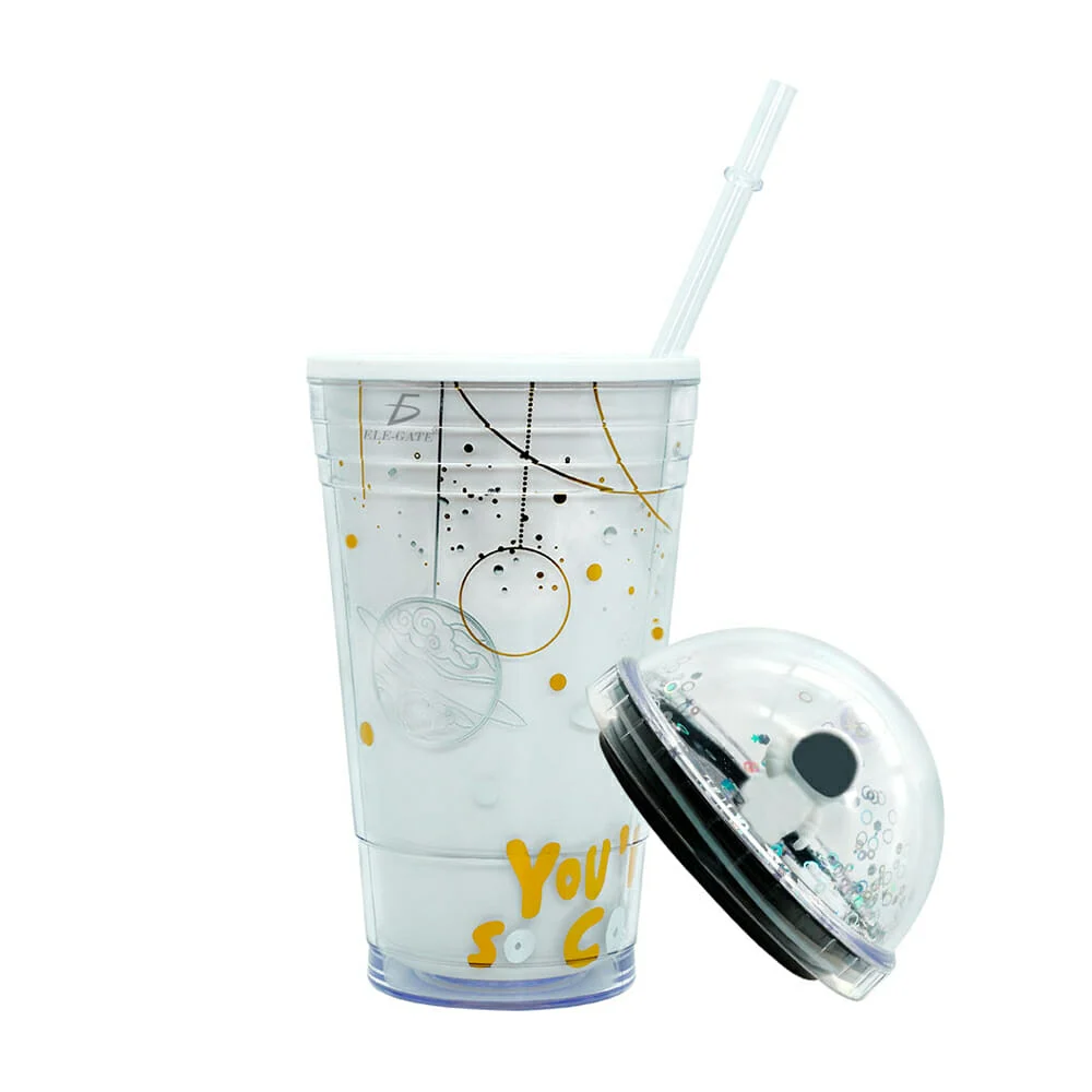Vaso de acrílico con popote y tapa con diseño de planeta cósmico + as…