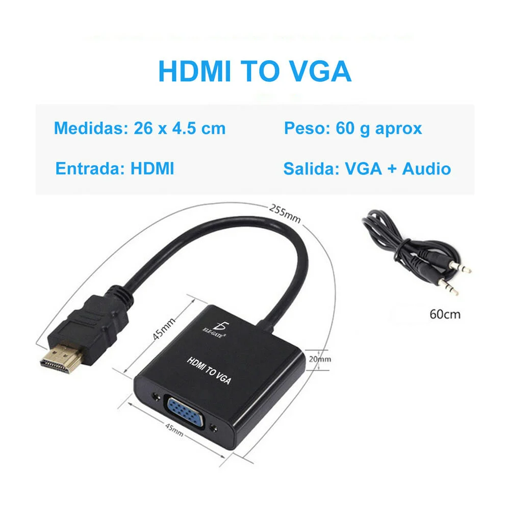 Cable Adaptador Convertidor Hdmi A Vga Aux 3.5 Pc Laptop Tv Monitor