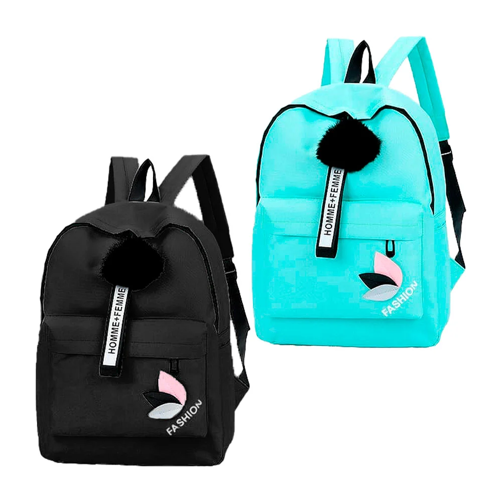 Mochila mediana con 2 compartimentos, llavero pompon, banda frase hom…
