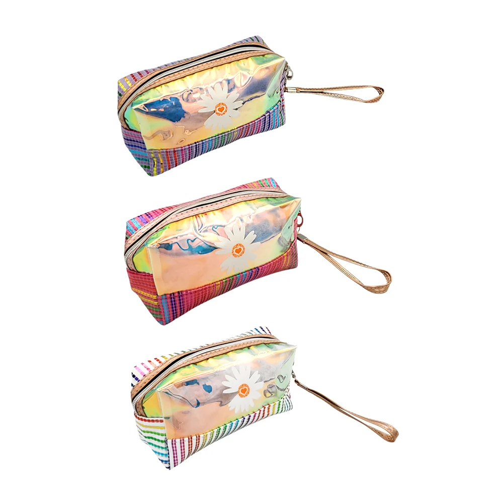 Cosmetiquera tornasol con lineas multicolor y estampado de flor con c…