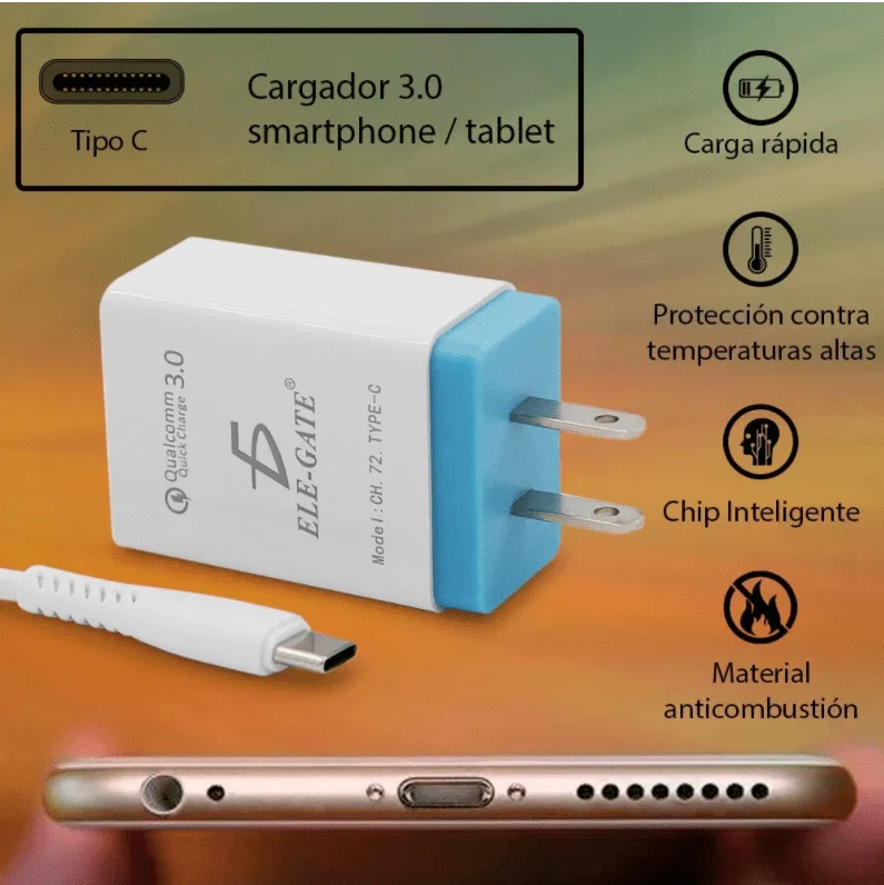 Combo cargador con entrada tipo c de carga rápida a 3a