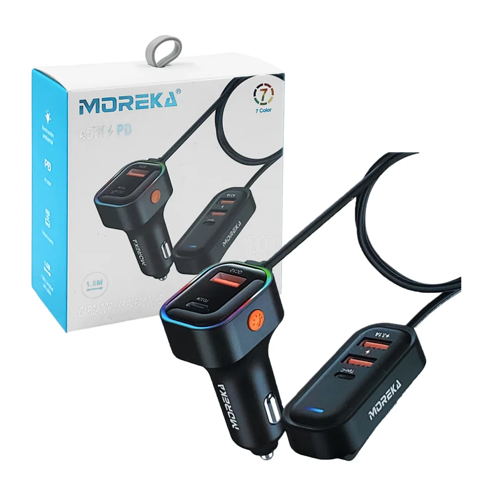 Plug moreka cargador + hub extensor 3 puertos usb y 2 usb-c, luz ambi…