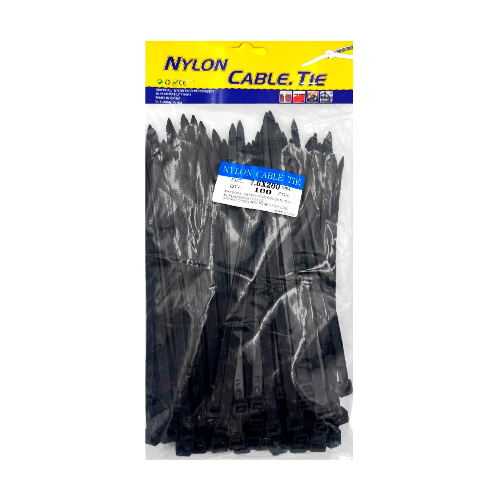 Paquete con 100 cinchos negros de nylon, 7.6x200mm / nylon cable tie / e4447