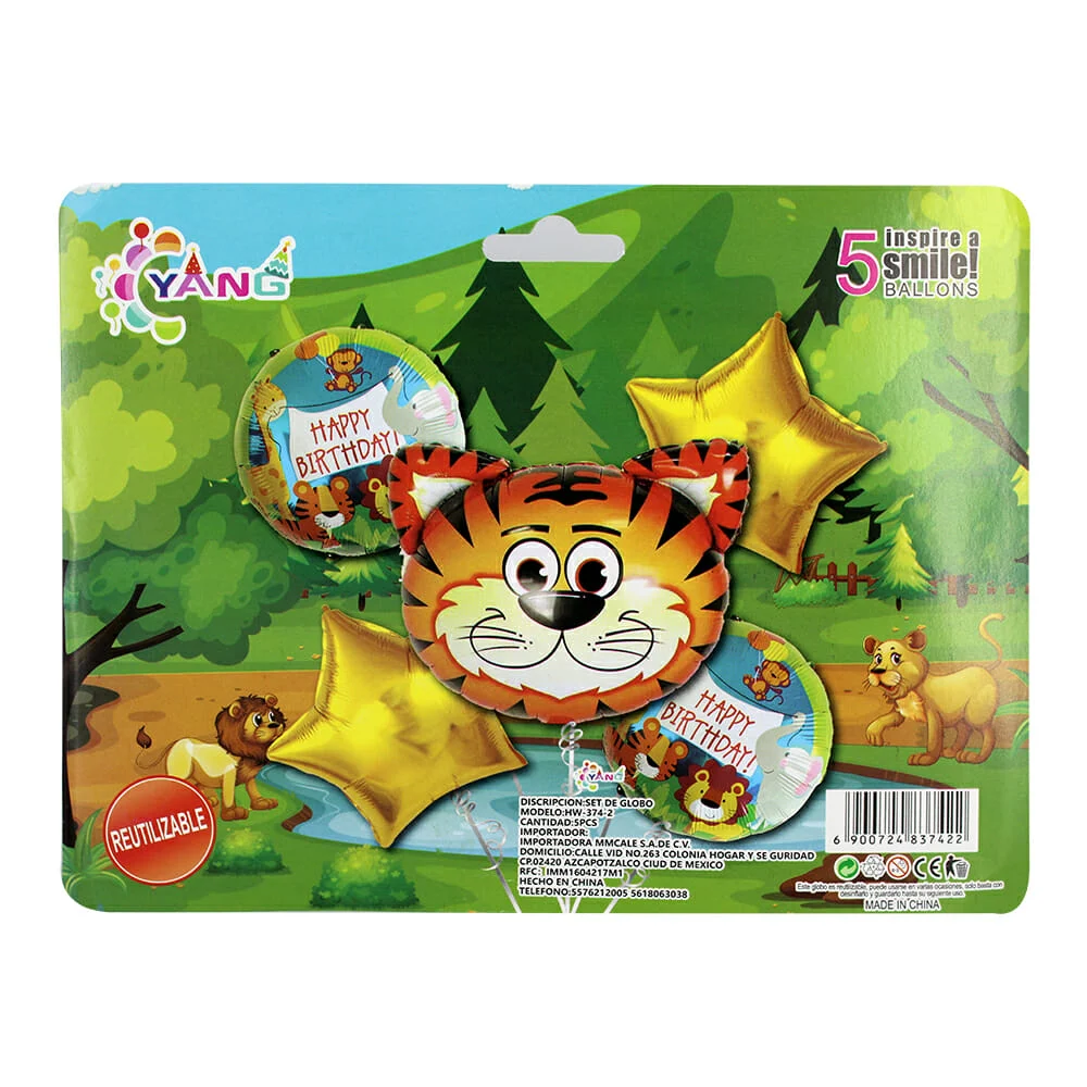 Set 5 pzas globos tigre con rayas negras -hw-374-2