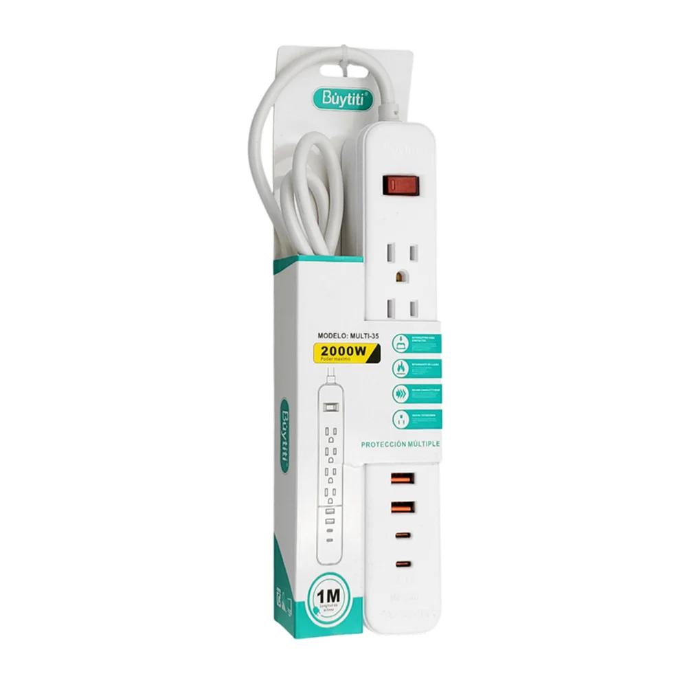 Barra multicontacto, con 4 tomacorrientes, 2 entradas usb y 2 tipo c …