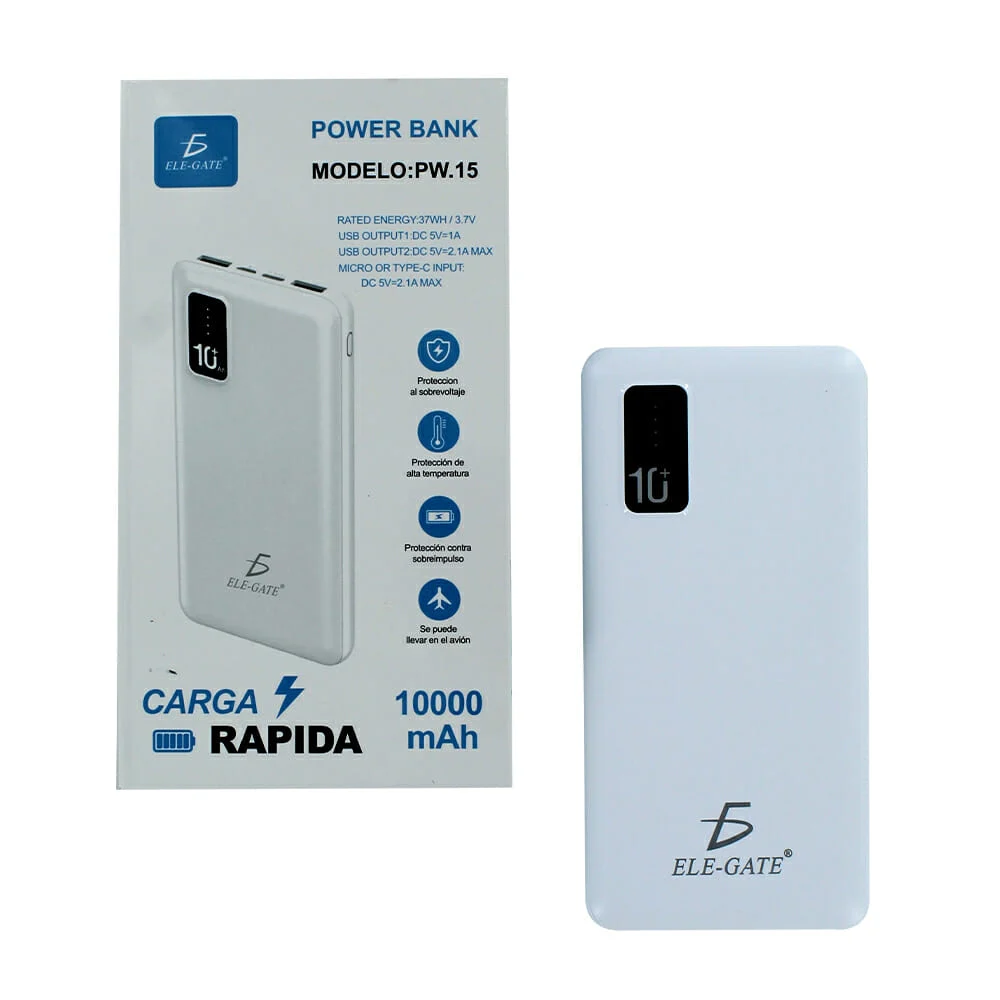 Power bank 10000mah con 2 puertos usb + entradas tipo c y v8 pw.15