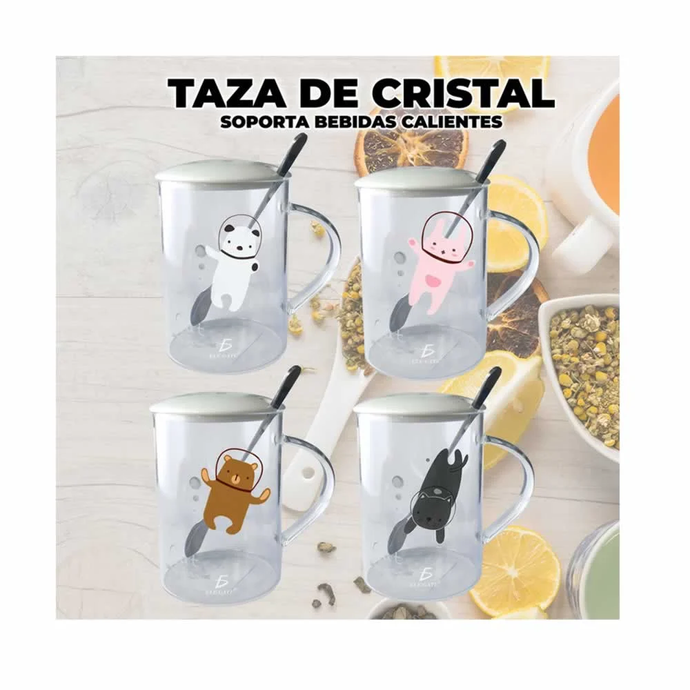 Taza de cristal + tapa y cuchara con diseño se animales, variedad de …