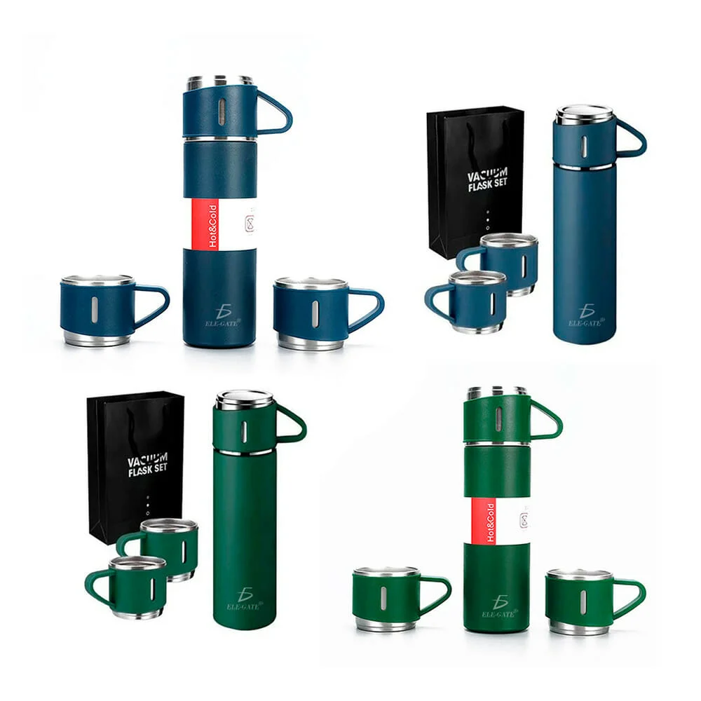 Termo ele-gate liso de acero inoxidable 500ml y juego de 3 tazas, var…