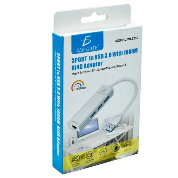 Hub de 3 entradas, usb 2.0, entrada lan para windows o mac, multifunc…