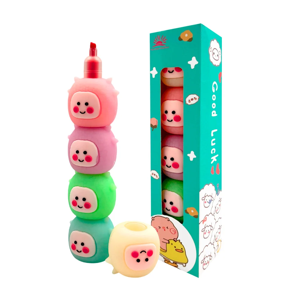 Caja con 4 mini marcatextos apilables, en forma de personajes kawaii,…