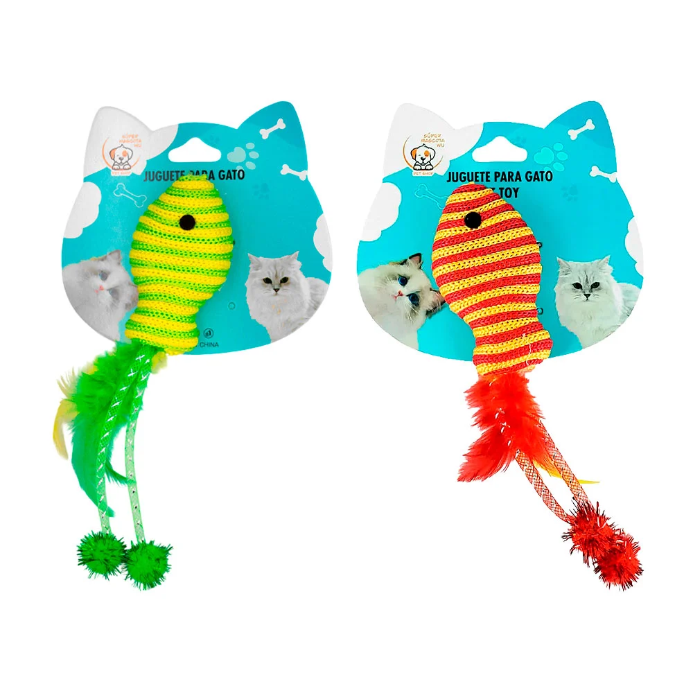 Juguete pequeño hilado para gato en forma de pescadito con plumas lla…