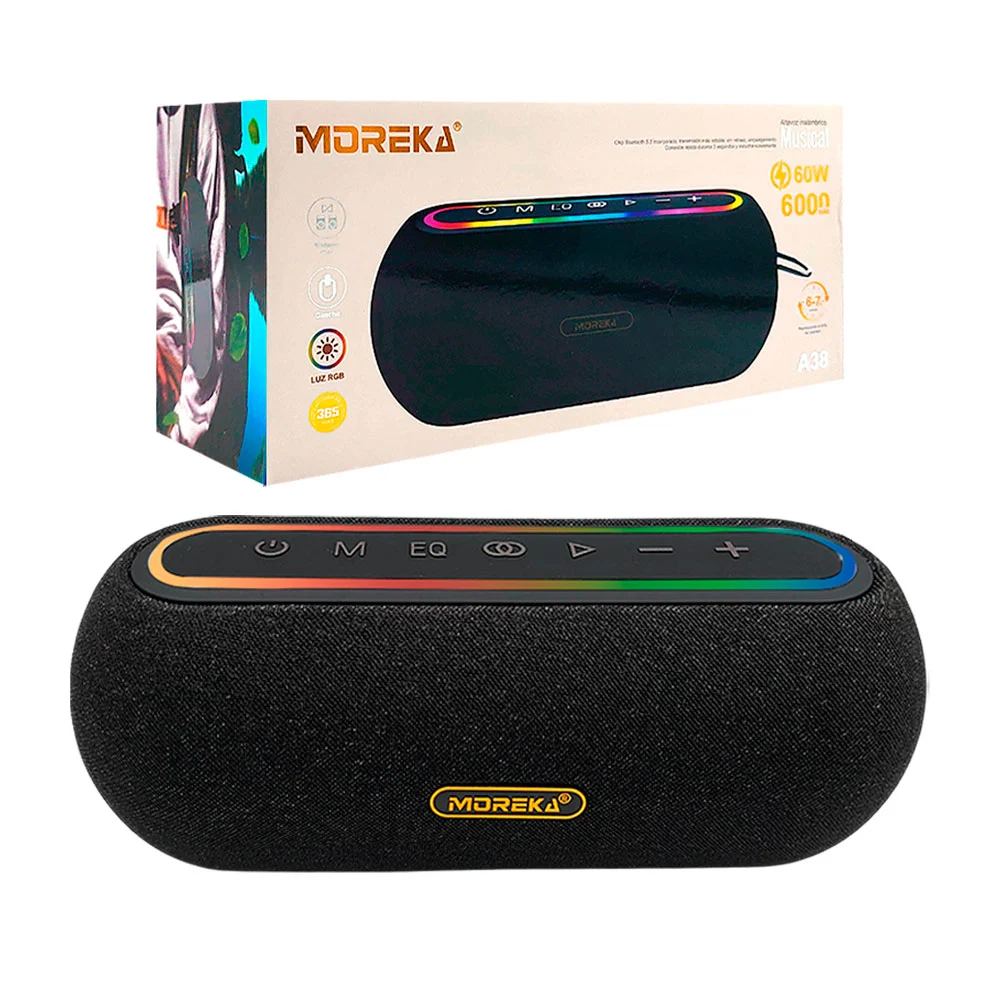 Bocina cilíndrica bluetooth moreka a38 con luz rgb y puerto tf, 60w /…