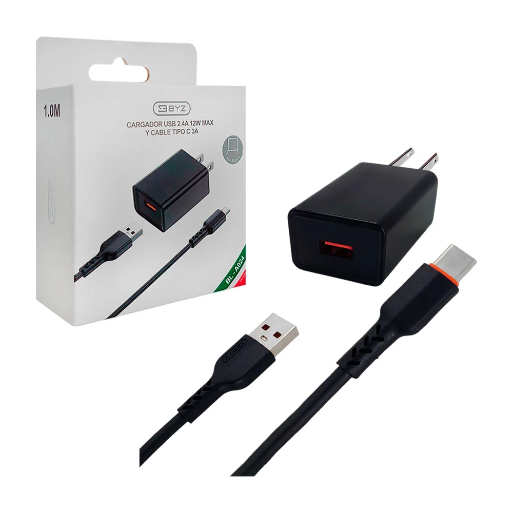 Combo cargador byz de usb a tipo-c de 12w, en color negro / bl-024tpc