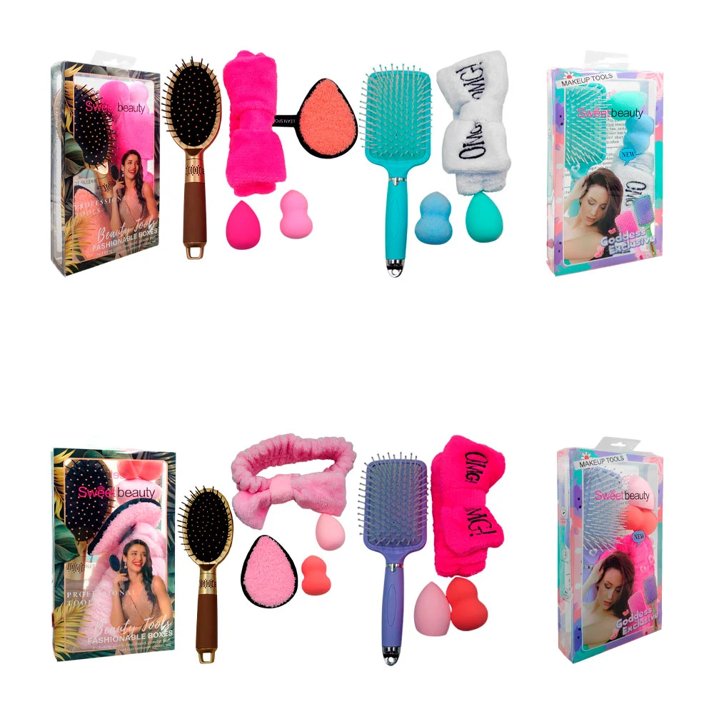Kit con cepillo rectangular, banda afelpada y 2 esponjas para maquill…