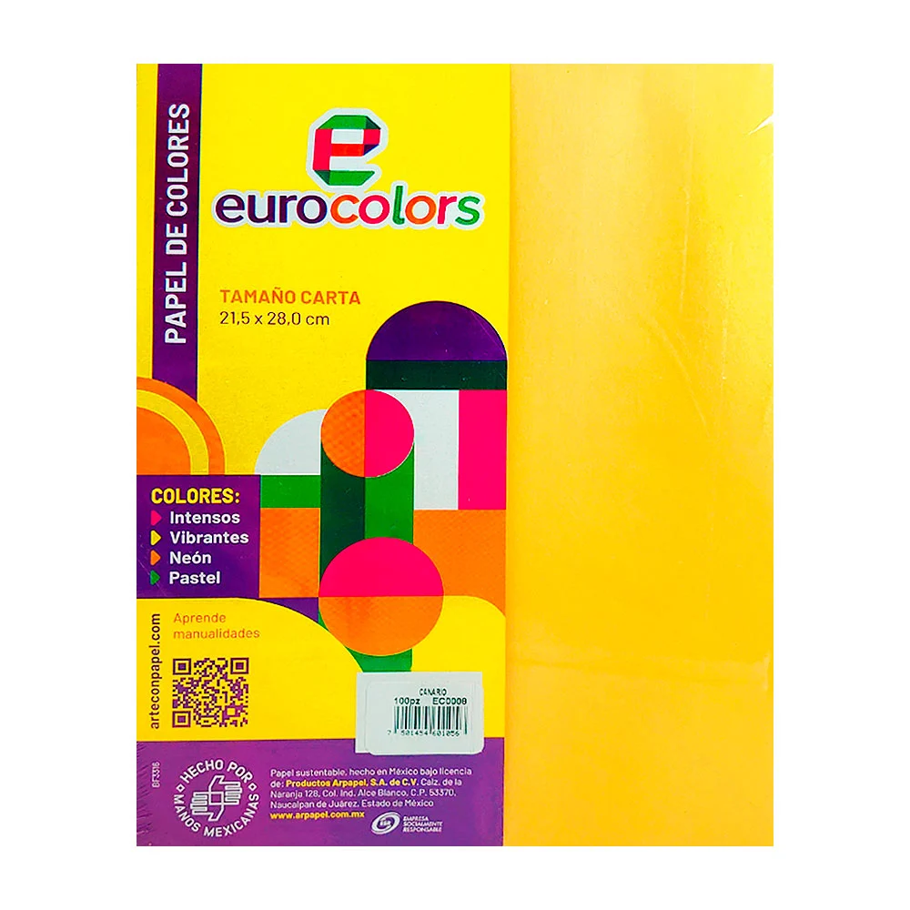 Paquete con 100 hojas eurocolors tamaño carta en color amarillo canar…