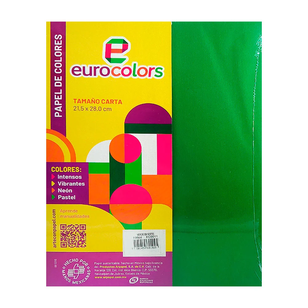Paquete con 100 hojas eurocolors tamaño carta en color verde bandera …