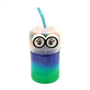 Bote chico con slime brilloso tricolor + tapa con bolitas y ojos de c…