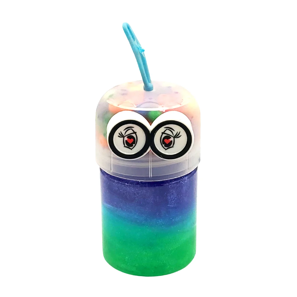 Bote chico con slime brilloso tricolor + tapa con bolitas y ojos de c…