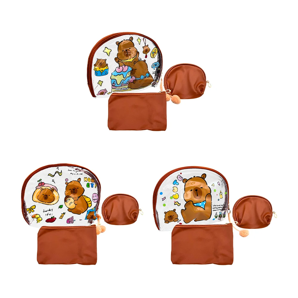 Juego de 3 cosmetiqueras, 1 transparente con decoración de pompones, …