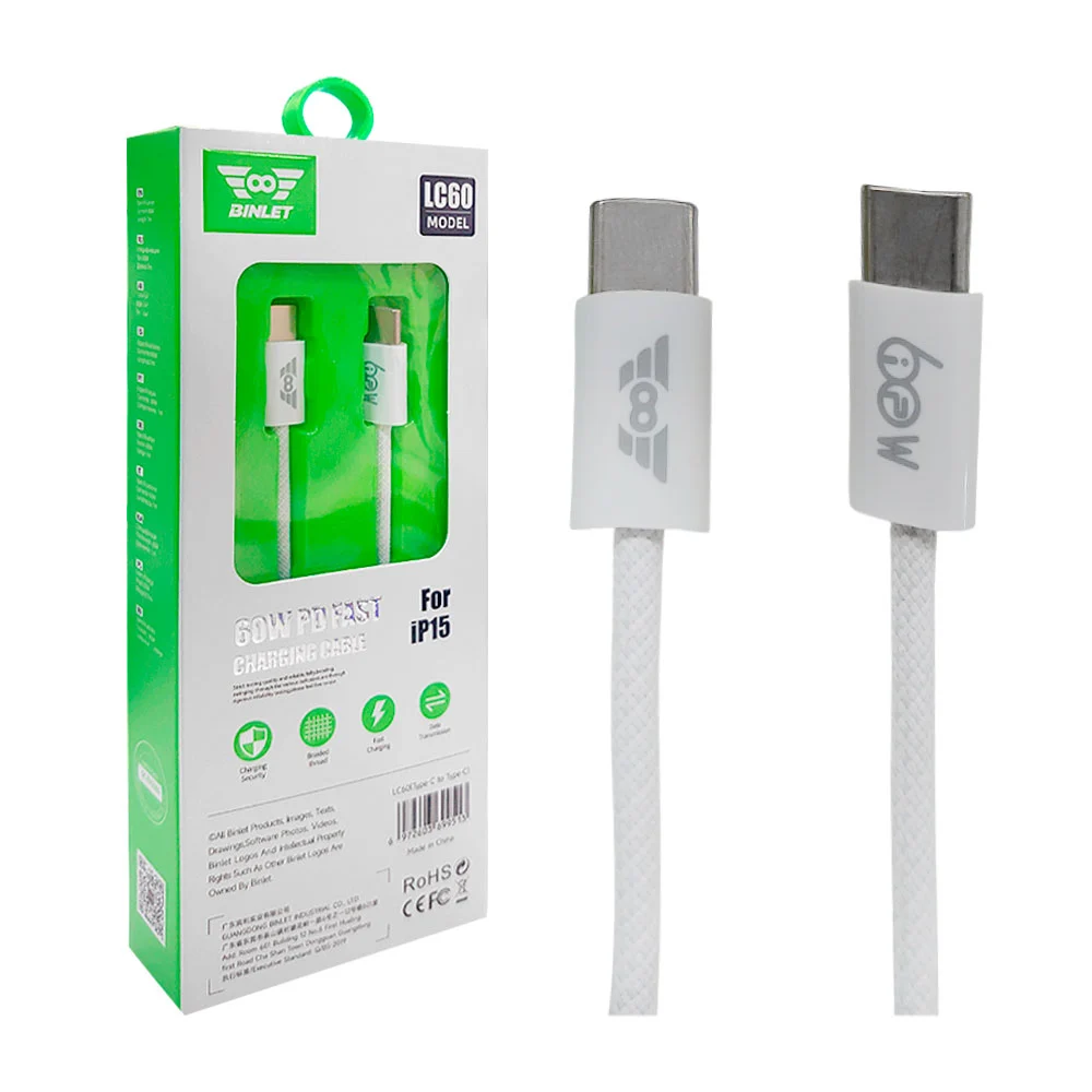 Cable cargador binlet, 1m tipo de tipo c a c, 60w para carga rápida /…