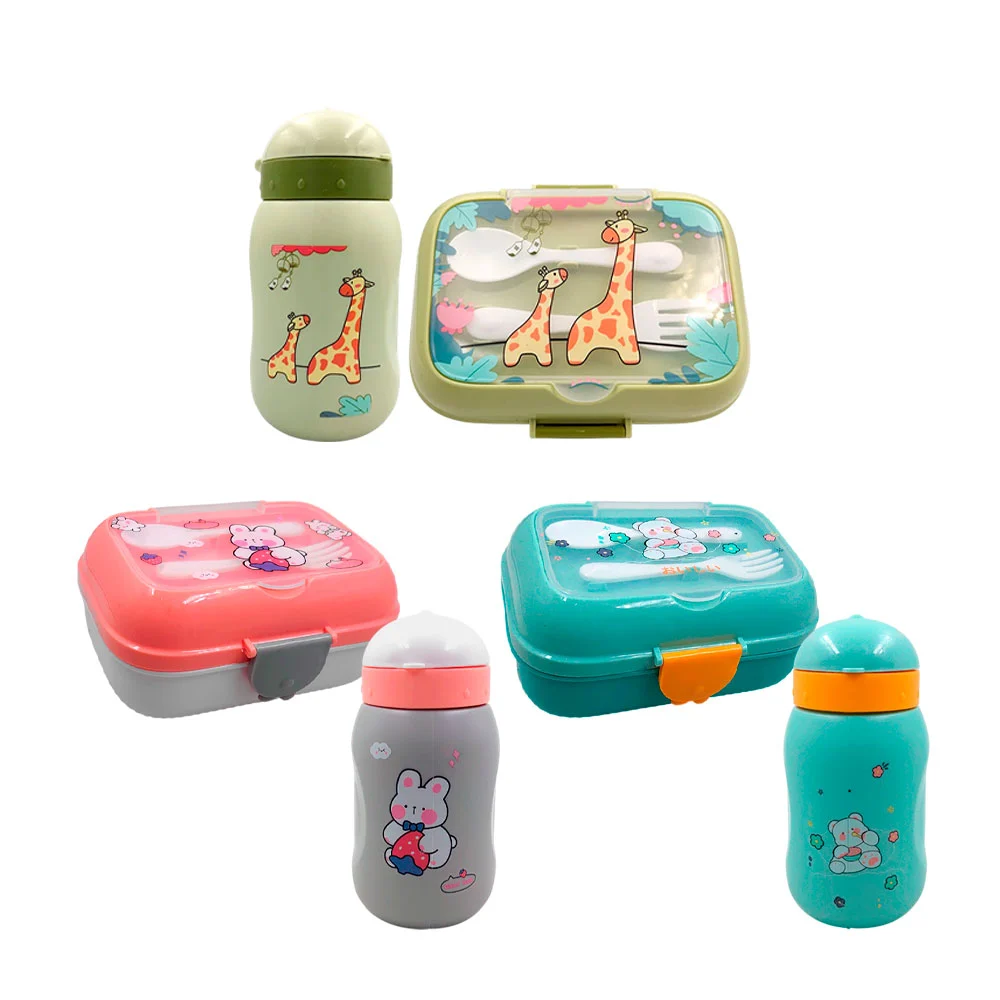 Juego de tupper rectangular con cubiertos + botella, varios colores /…