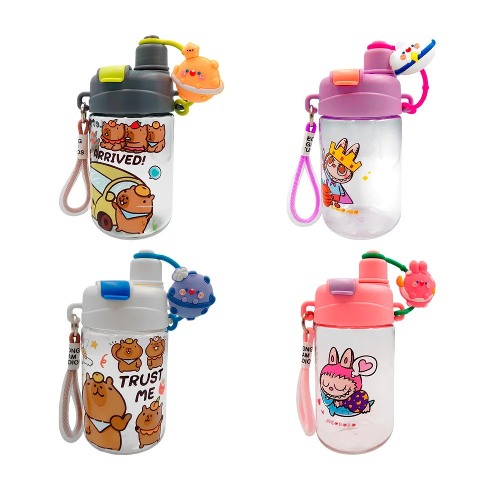 Botella de plástico con asa de plástico-tela, popote, 600ml y estampa…