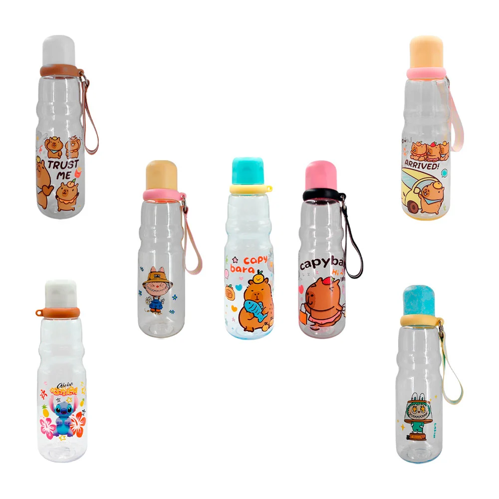 Botella transparente bicolor con asa y estampado de personajes animad…