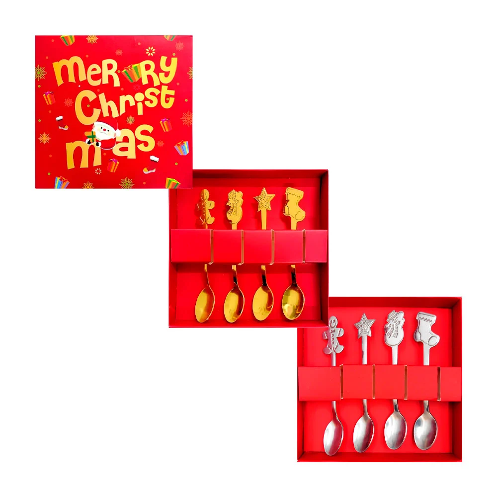 Juego de 4 cucharas metálicas con diseño en forma de personajes navideños, variedad de diseños / merry christmas
