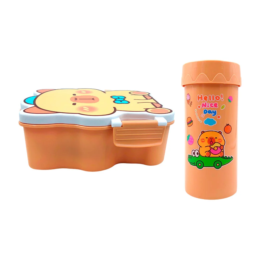 Set tupper en forma de capibara con 3 compartimentos, cubierto + bote…