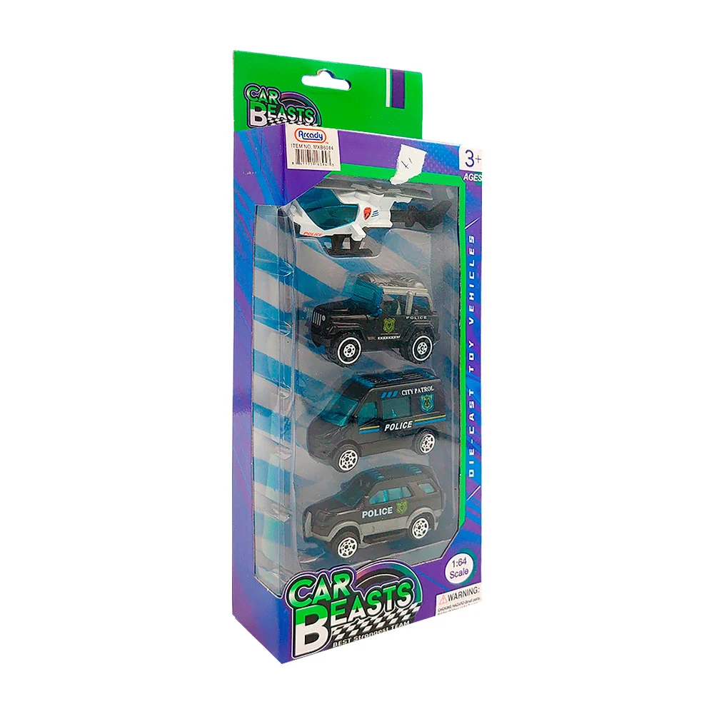 Blíster con 3 carritos y 1 mini helicoptero de policia metálicos / mx…
