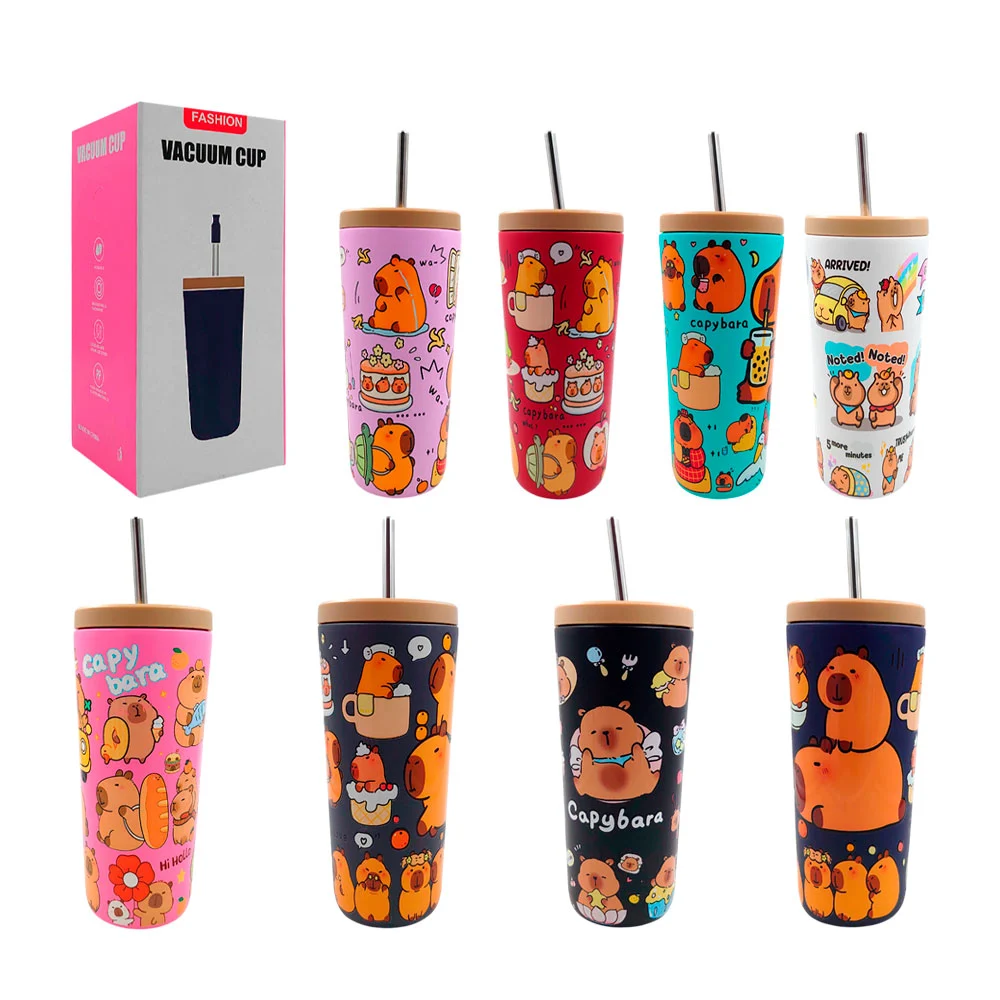 Termo temático en forma de vaso, con tapa, popote y estampado de capi…