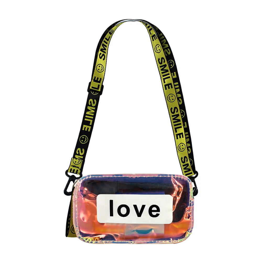 Bolsa de mano, efecto tornasol, frase LOVE, bolsa traslucida, varieda…