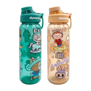 Botella semi transparente con asa, tapa estilo tornillo y estampado d…