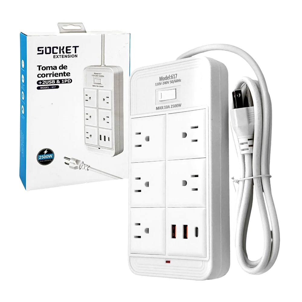 1pza Extensión rectangular con 5 tomacorrientes, 2 puertos usb y 1 pu…